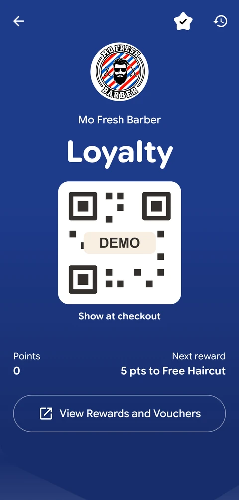 Mo Fresh Barber's blue loyalty pass in Google Wallet